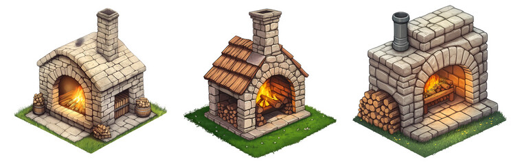 Set of various vector, digital art style, medieval stone oven isolated on transparent background