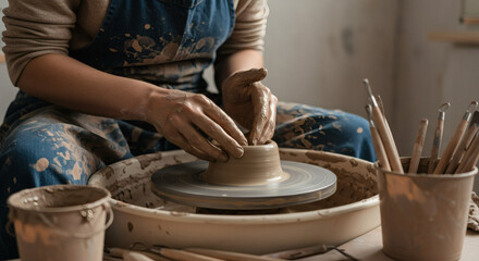 Pottery creation: A skilled artisan molds clay on a spinning wheel in a pottery studio, crafting unique ceramic pieces with focus, creativity and skill. 