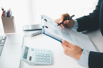 Businesswoman analysis with financial data, marketing business strategy project, Business financing...