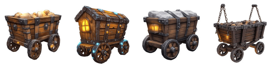 Set of various Side view of a mining cart isolated on transparent background