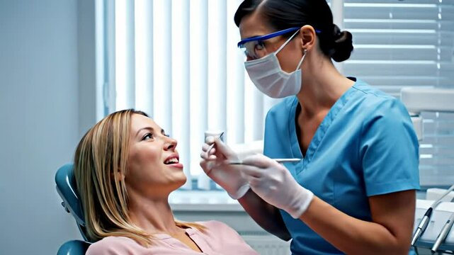 Dentist examines a patient in a dental chair wearing protective gear in a clinical office setting