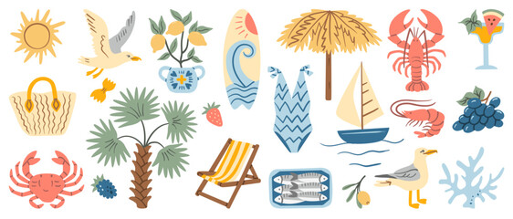 Collection of hand-drawn summer elements including seafood, palm trees, sun, seagulls, fruits, swimwear, sailboat, beach umbrella, coastal decor. Perfect for seaside themes, travel-inspired designs.