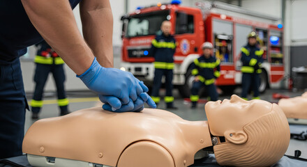 CPR Training: A close-up shot of a firefighter performing CPR on a training dummy, showcasing emergency response and life-saving skills within a controlled training environment.