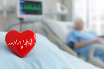 Electrocardiogram line in red heart with patient resting in bed symbolizing cardiac care
