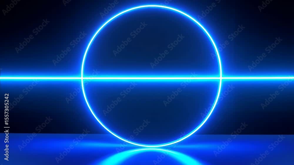 Poster abstract background with blue neon light circle and line over glossy dark surface creating a modern,