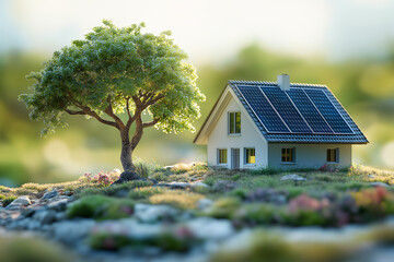 Eco friendly small home with solar power system and tree, symbolizing sustainable energy use