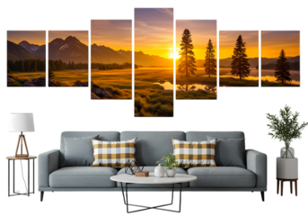 Sunset Mountain Landscape Canvas Art 5Panel Splendid Vista for Home Decor isolated on transparent background