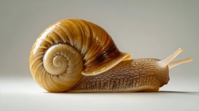 A small brown and tan snail is laying on a white surface. The shell is spiral in shape