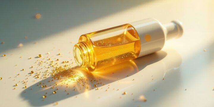 Illuminated Amber Elixir Spilled on a Smooth Surface, Glimmering with Golden Shimmer Particles under Soft Sunlight