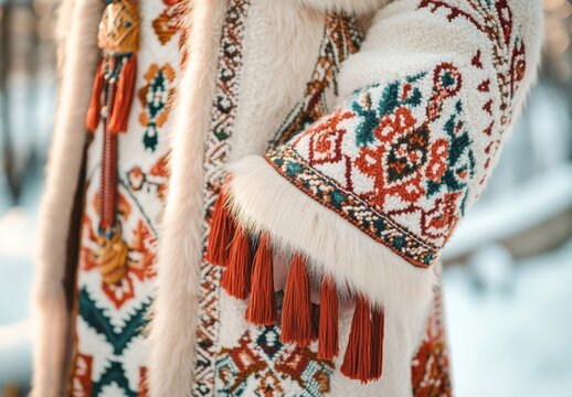 Traditional handmade clothing of the Yakuts, Eskimos or Udmurts, inhabitants of Alaska or far Siberia and the north, showing intricate patterns and bright colors