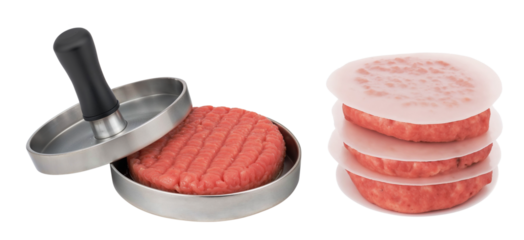 Metal plate for pressing burger patties isolated on white background. Kitchen accessory used to shape and compact minced meat evenly when making homemade burgers. Simple, functional design, perfect fo