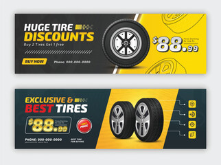 Tire shop banner template with discount offer. Realistic tires vector illustration template