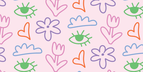 Fototapeta premium Seamless pastel pattern with hand drawn Eyes, Hearts, Clouds, Tulips, Flowers on pink background. Childish elements. Vector flat illustration for kids textile, wallpaper, wrapping paper