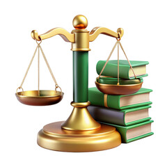 Golden scales of justice with stack of green books isolated on transparent background