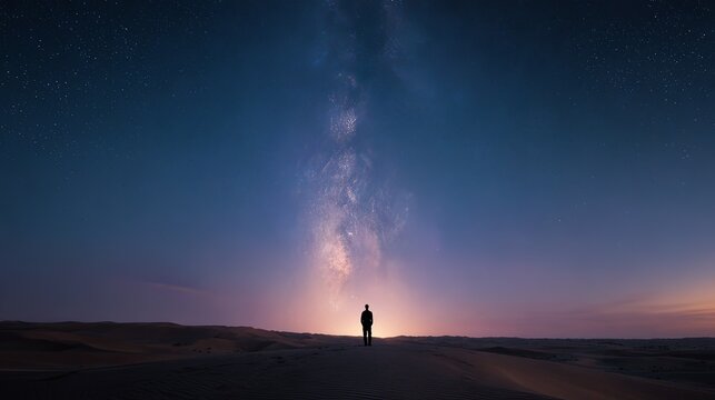 man standing in desert under starry night sky