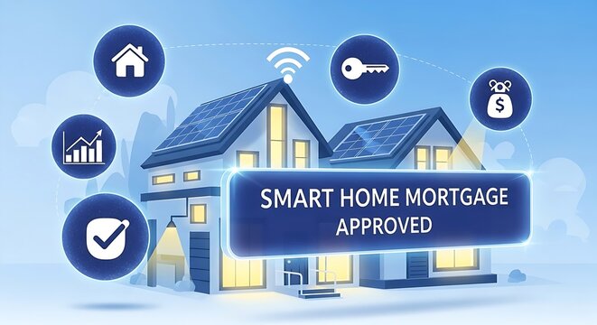 Smart home mortgage approval is displayed with house icons and graphs, suggesting property and financial success.
