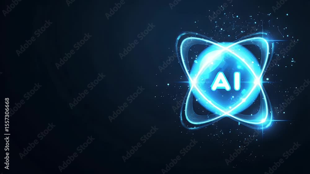 Poster abstract graphic of ai symbol with glowing blue lines and particles on a dark background
