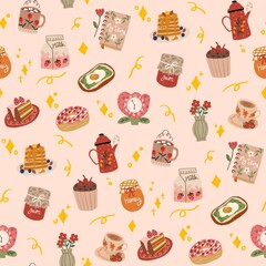 Seamless Morning Breakfast Food Elements Pattern