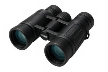 Modern black binoculars isolated on transparent background, perfect for sporting events and outdoor activities