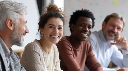 A diverse group of coworkers having a friendly meeting in a modern office space, smiling and collaborating naturally