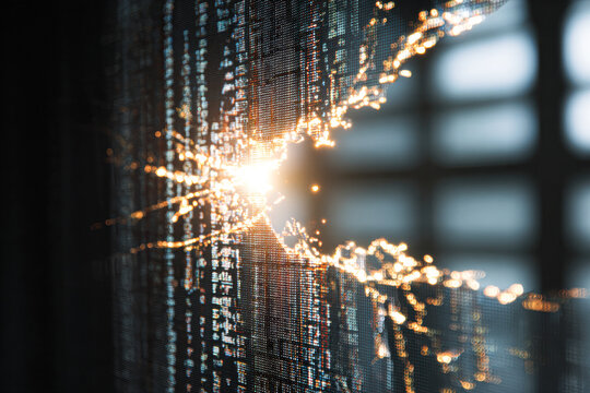 Close-up of a digital screen displaying flowing binary code illuminated by a bright light, symbolizing data transmission or digital technology.