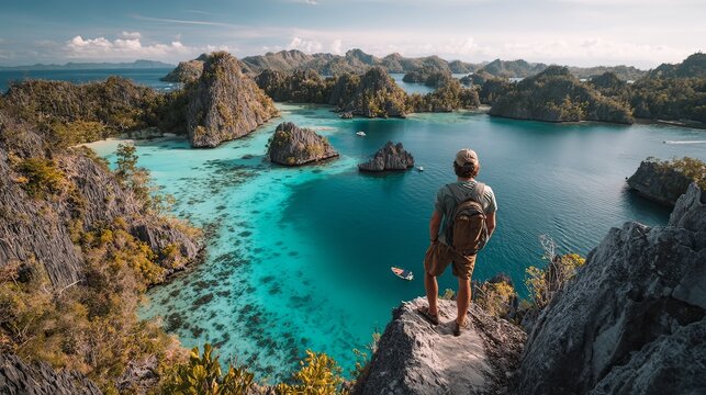 man standing on cliff overlooking turquoise bay and limestone mountains, adventure 