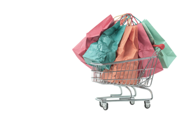 Shopping cart overflowing with colorful shopping bags.