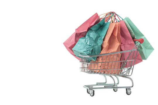 Shopping cart overflowing with colorful shopping bags.