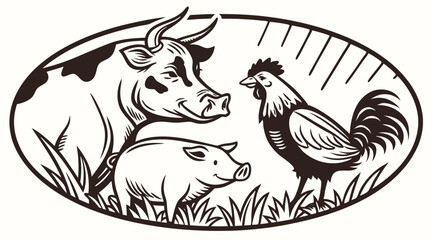 Vintage Farm Animals Illustration with Cow, Pig, and Rooster