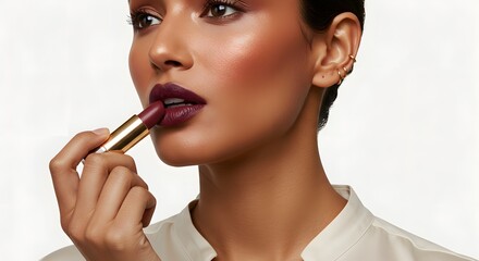Elegant Woman Applying Dark Plum Lipstick Glamorous Beauty Makeup Tutorial
