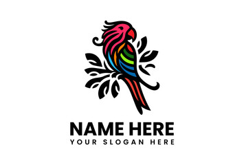 Colorful parrot logo design perched on stylized leaves, ready for branding.
