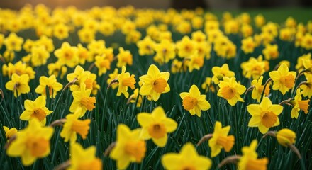 Obraz premium A field of vibrant yellow daffodils at sunset. Soft sunlight bathes the flowers in golden hues