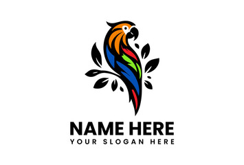 Colorful parrot perched on a branch with leaves, logo design, vibrant plumage.