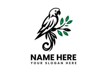 Naklejka premium Stylized logo featuring a parrot perched on a branch with leaves.