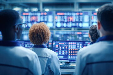 Three professionals in lab coats monitor multiple digital screens displaying complex data and graphs in a high-tech control room environment.