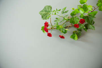 Floral arrangement of miniature red roses from above on gray background
