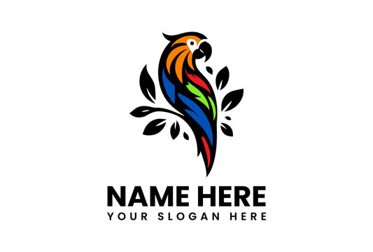 Colorful parrot perched on a branch with leaves, logo design, vibrant plumage.