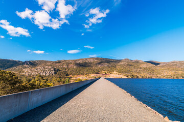 Lake Bellfield dam on a bright day at eastern Grampians near Halls Gap, Grampians National Park, Victoria, Australia