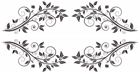 Decorative ornamental page dividers and section breaks with swirly leaves in black design