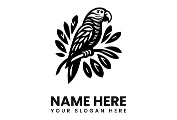 A detailed black and white illustration of a parrot perched on a branch, surrounded by leaves, with text below.