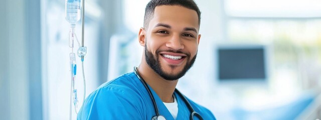 Male Nurse in Scrubs Adjusting IV Drip with Care