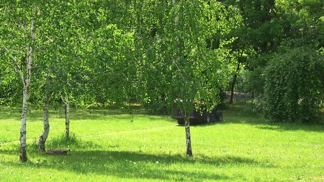 Elderly groundskeeper operating a riding lawn mower in a serene park.
