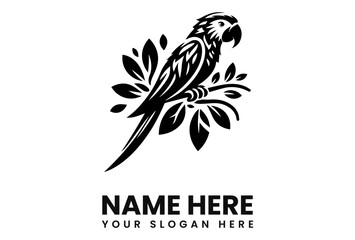 Elegant black and white parrot logo design, perched on a branch amidst stylized leaves.