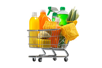 Grocery shopping cart filled with various food and cleaning products.