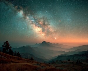 Fototapeta premium Majestic night sky illuminates mountain range with ethereal glow