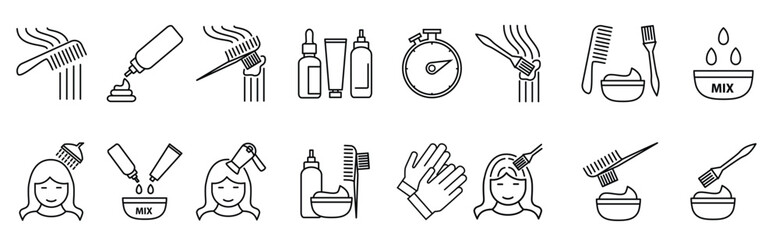 Hair coloring icons set. Editable Stroke. Permanent hair dyeing. Beauty parlor. Hairdresser services