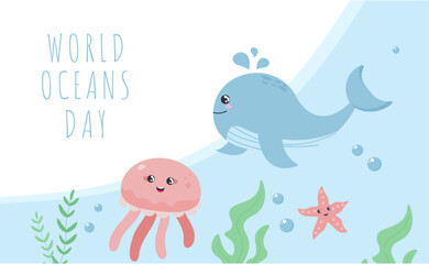 World oceans day template with cute ocean animals. Vector illustration