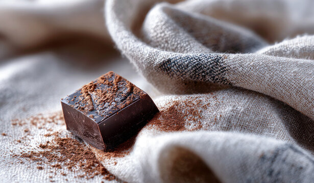 Single square of 80 percent dark chocolate on textured linen cloth, delicate dusting of cocoa powder, rich flavor almost medicinal quality, World Chocolate Day concept