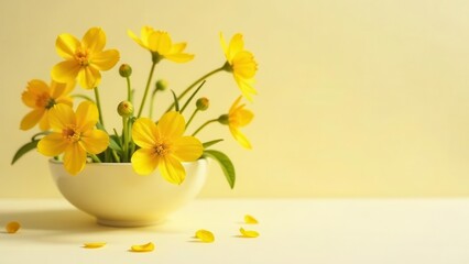 A vibrant bouquet of cheerful yellow wildflowers arranged in an elegant white bowl, scattered petals adding a touch of springtime charm to a minimalist setting