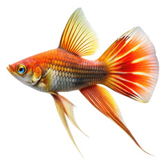 Fototapeta premium Vibrant orange and yellow fish with flowing fins and striking blue eye isolated on transparent background